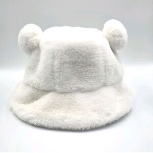 Fuzzy White Bucket Hat with Ears